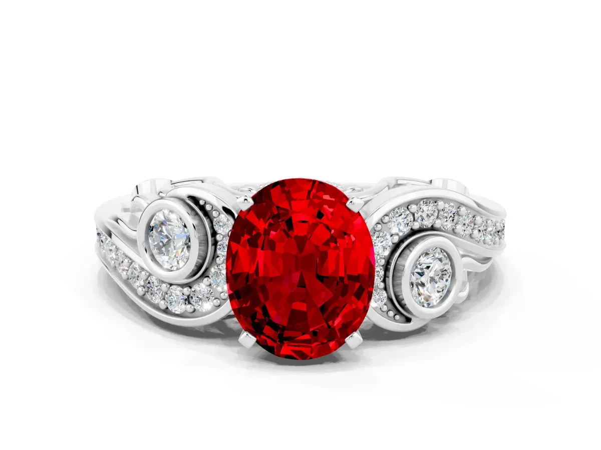 Oval Cut Ruby Solitaire Ring with Milgrain Pavé Band and Four-Prong Setting Platinum