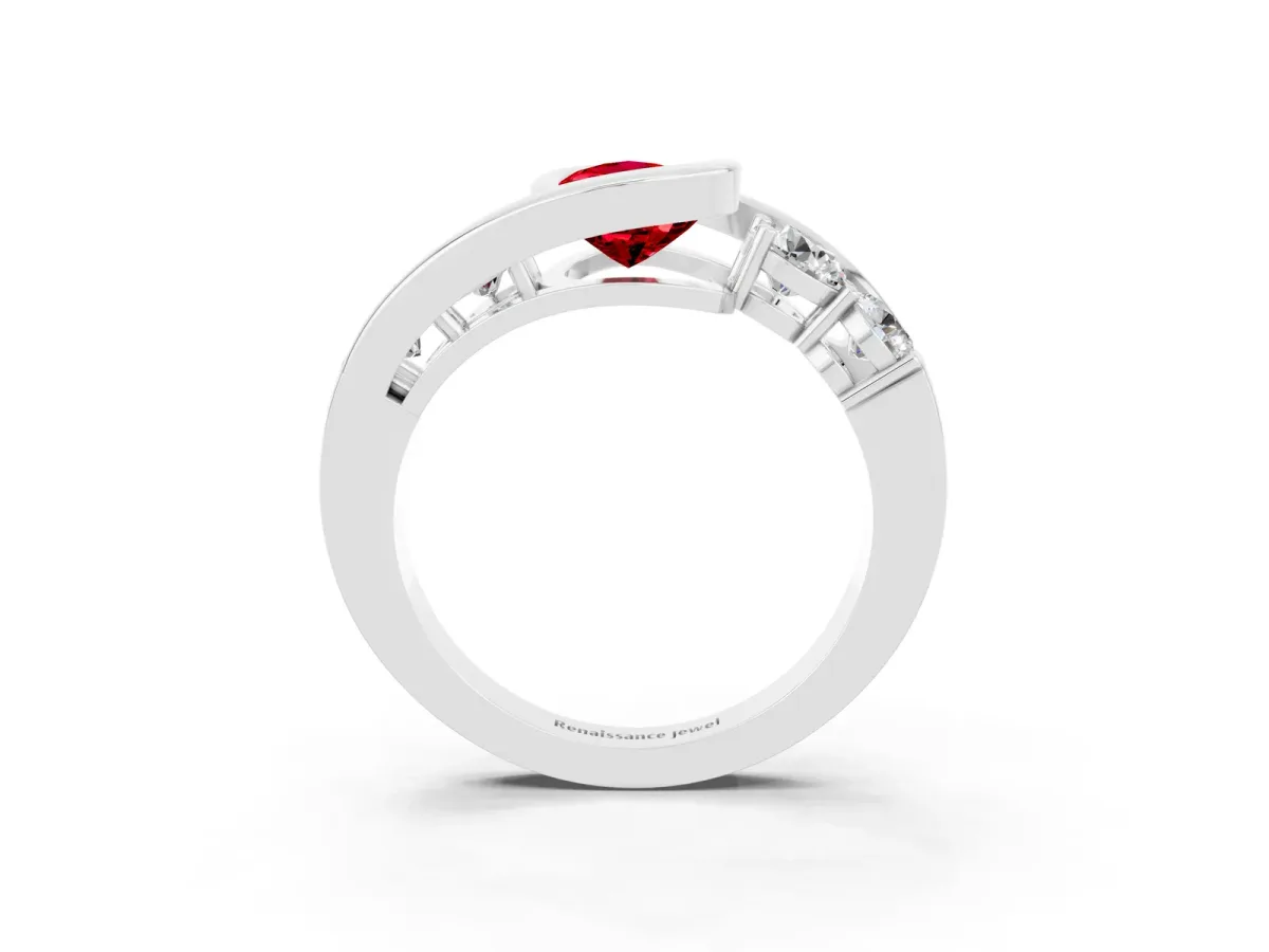Bezel Set Pear Cut Ruby Bypass Ring with Round Accents Silver