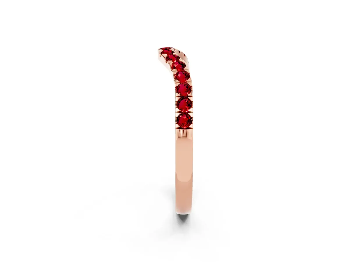 Curved Pavé Round Ruby Wedding Band with Shared Prong Setting Rose gold