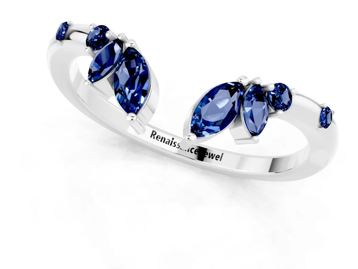Open Marquise Cluster Blue Sapphire Band with Prong Setting Silver