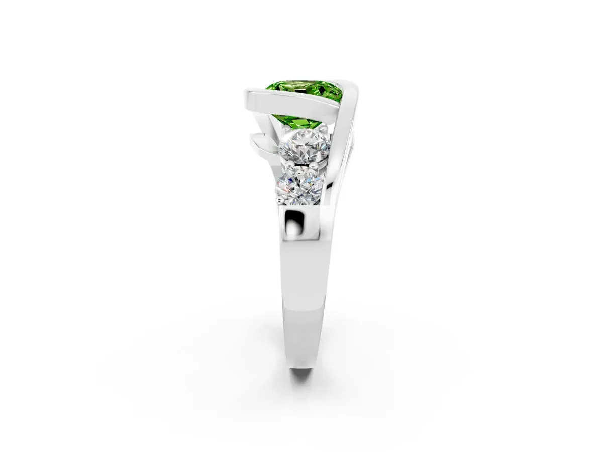 Bezel Set Cushion Cut Peridot Bypass Ring with Round Accents Platinum