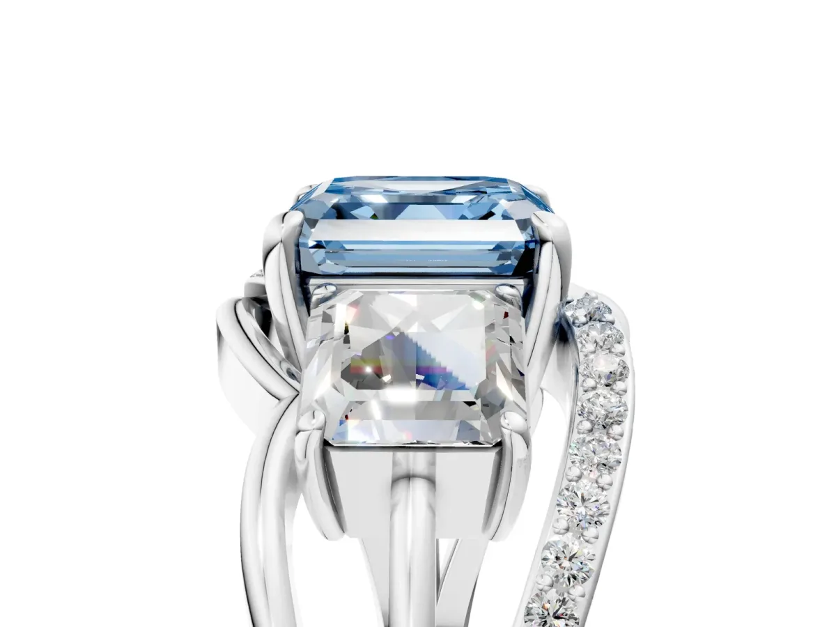 Fancy Blue Three-Stone Asscher Cut Cut Diamond Split Shank Prong Set Ring Platinum