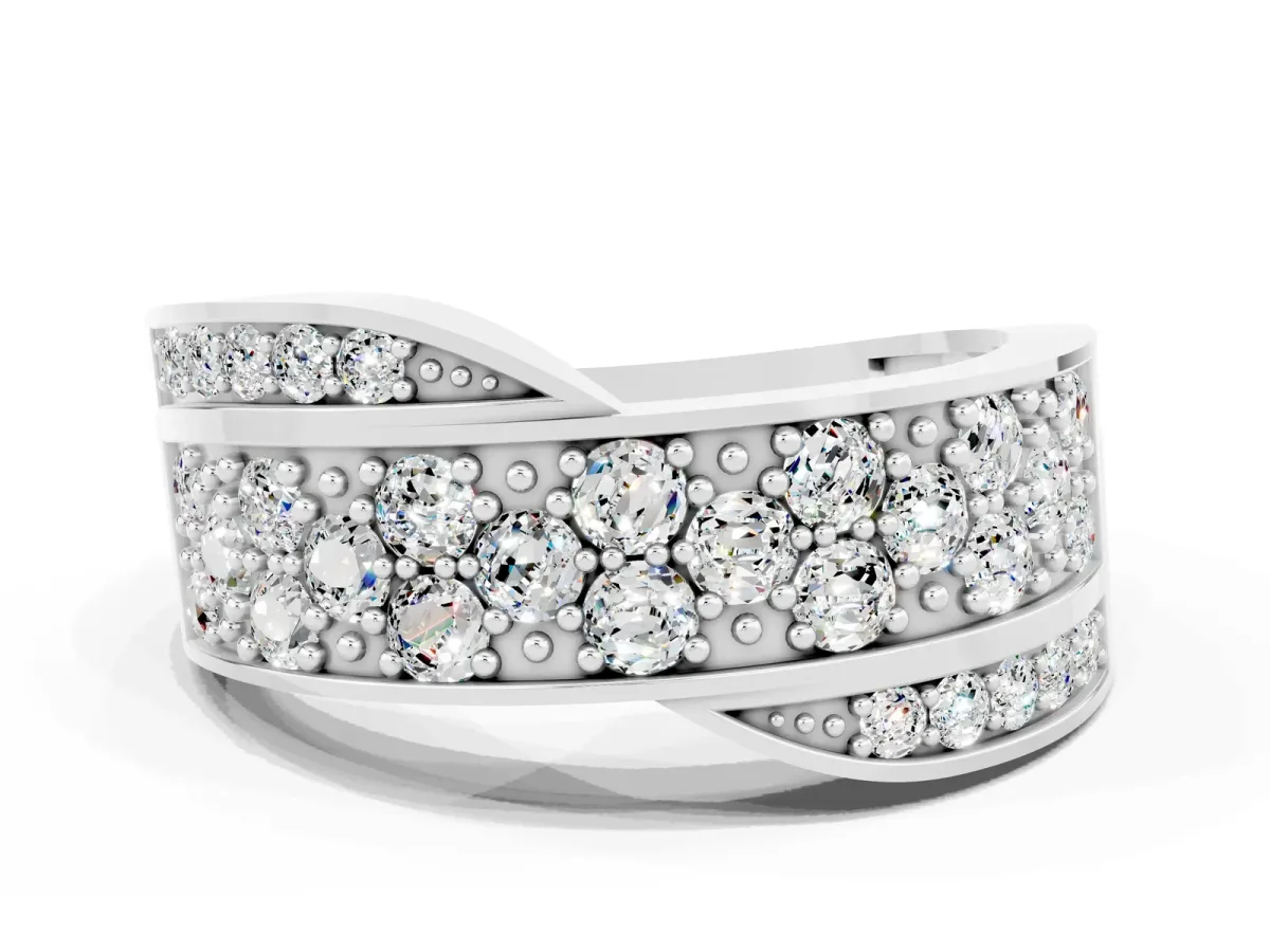 Pavé Round Moissanite Crossover Band with Bead Prong Setting Silver