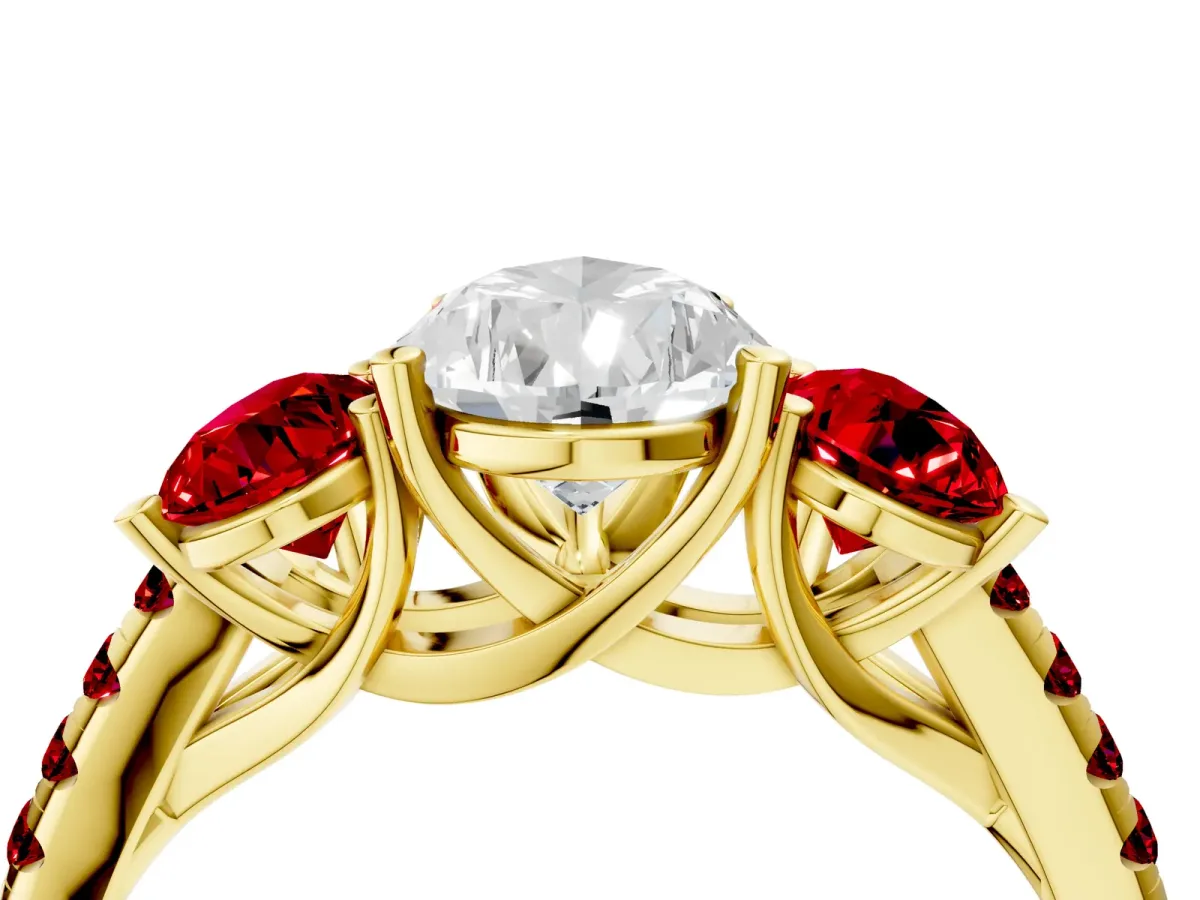 Three-Stone Pear Cut Diamond Ring with Round Ruby Pavé Band and Prong Setting Yellow gold