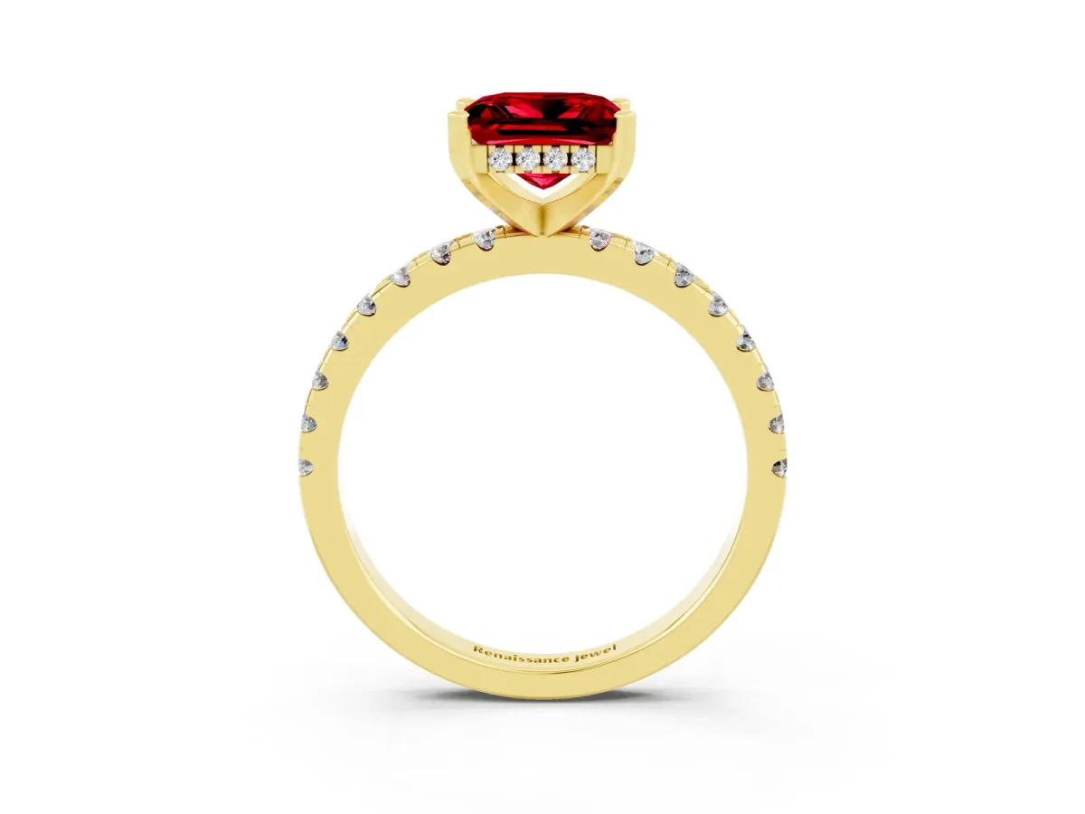 Princess Cut Ruby Solitaire Ring with Round Pavé Band and Four-Prong Setting Yellow gold