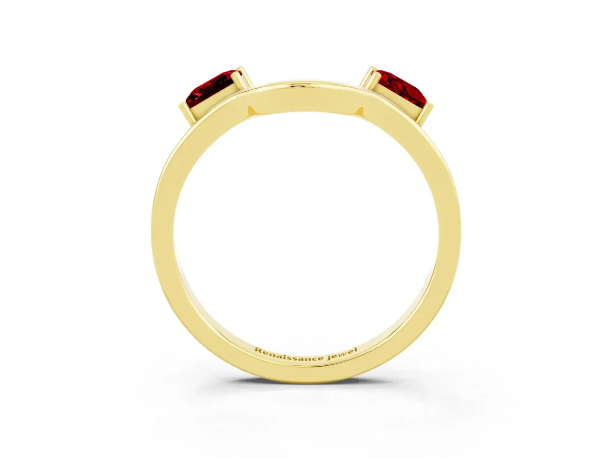 Princess Cut Ruby Two-Stone Open Band Ring with Four-Prong Setting Yellow gold