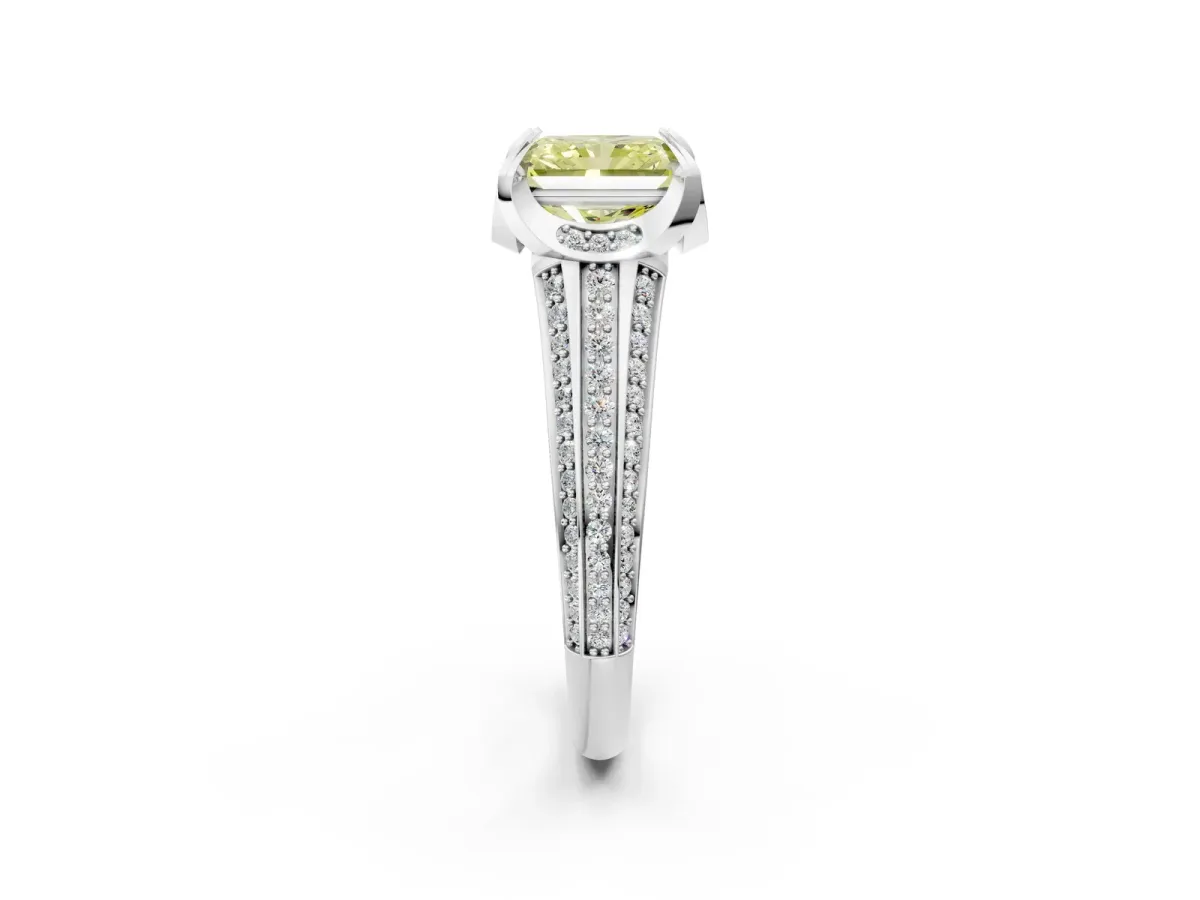 Fancy Yellow Radiant Cut Solitaire Pave Split Shank Ring with Four-Prong Setting Platinum