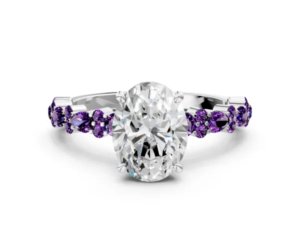 Oval Cut Diamond Side Stone Solitaire Ring with Round Amethyst and Four-Prong Setting White gold