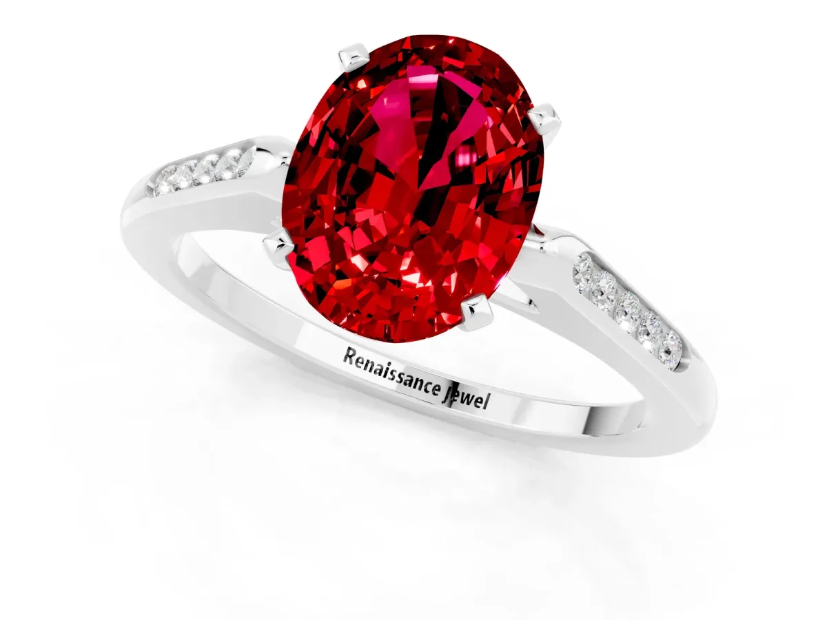 Oval Cut Ruby Solitaire Ring with Channel Set Round Band and Prong Setting White gold