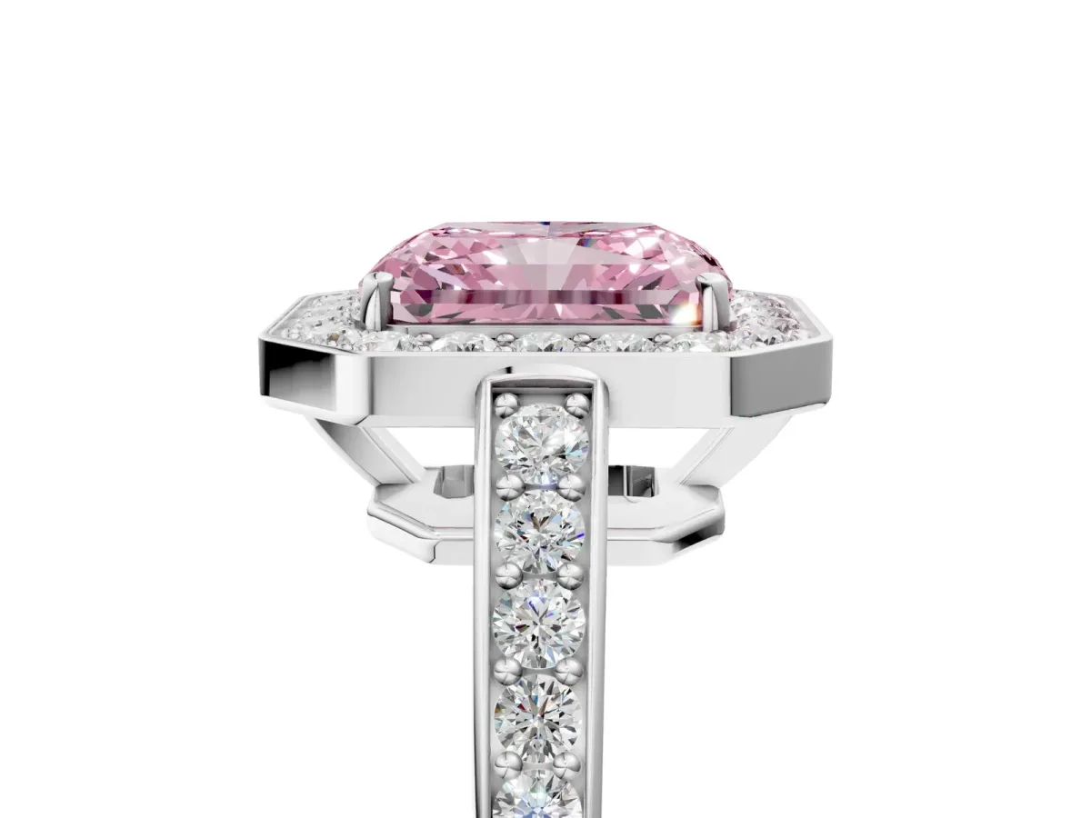 Fancy Pink Radiant Cut Halo Pavé Diamond Engagement Ring with Bezel Setting Silver