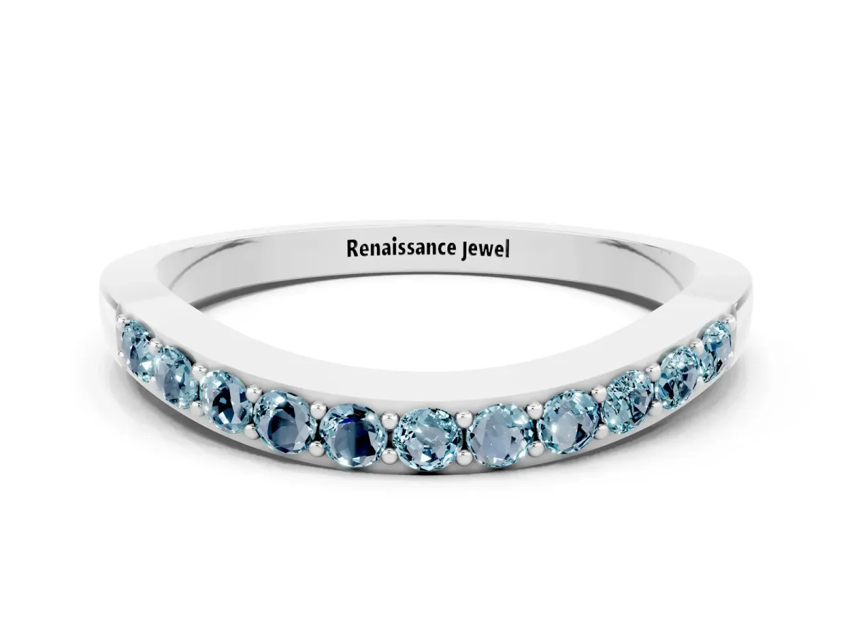 Round Aquamarine Curved Wedding Band with Channel Setting Silver