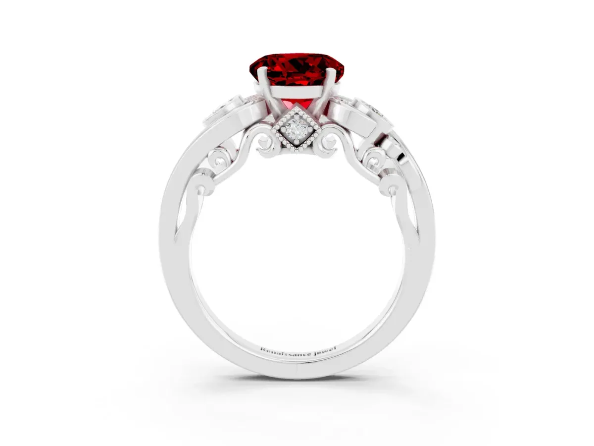 Round Cut Ruby Solitaire Ring with Milgrain Pavé Band and Four-Prong Setting Silver