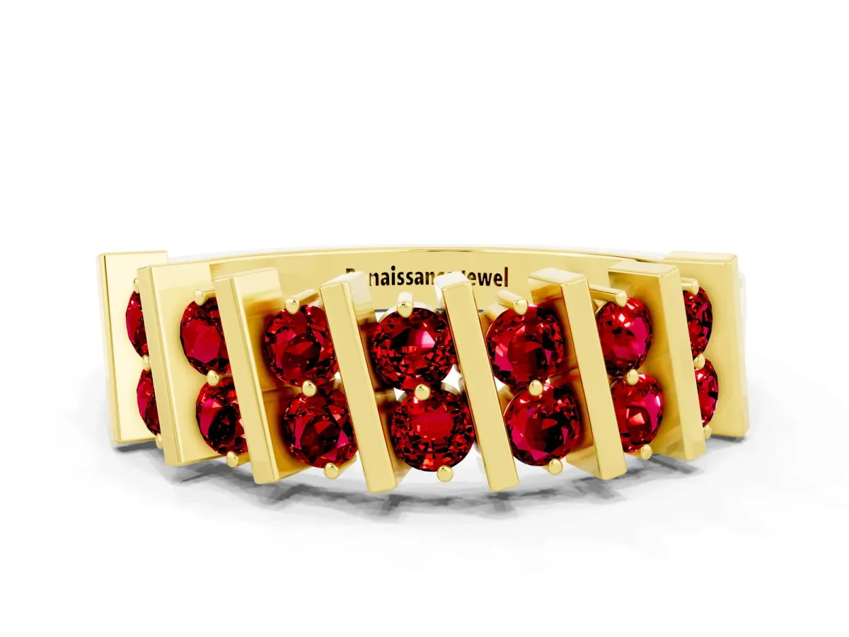 Channel Set Round Ruby Anniversary Band with Vertical Prongs Yellow gold