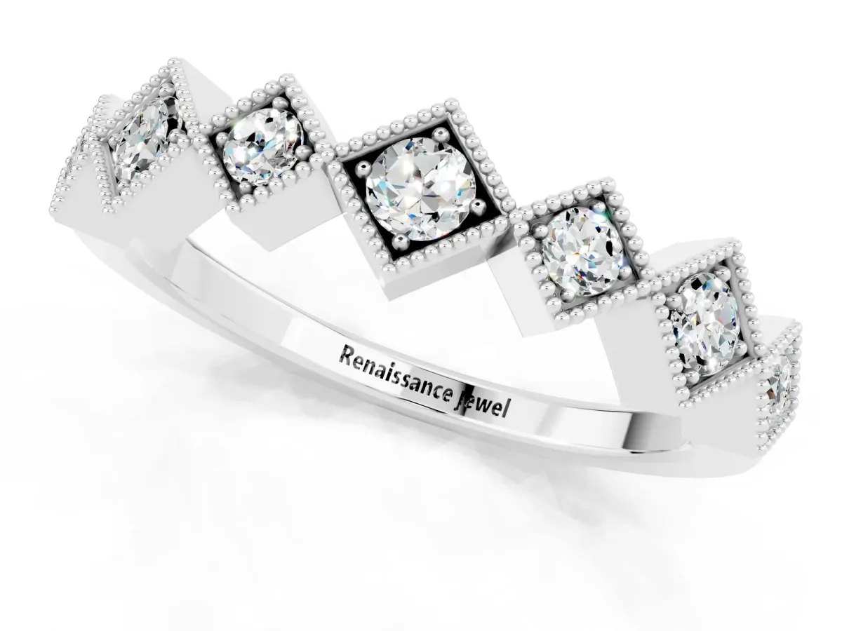 Milgrain Square Bezel Round Moissanite Chevron Band Silver