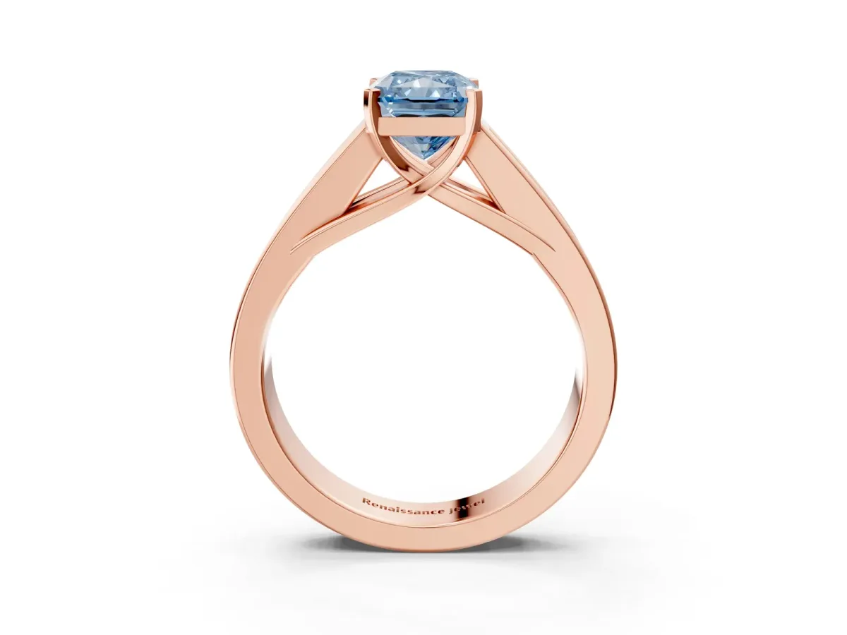 Fancy Blue Radiant Cut Cut Channel Set Solitaire Ring with Four-Prong Setting Rose gold