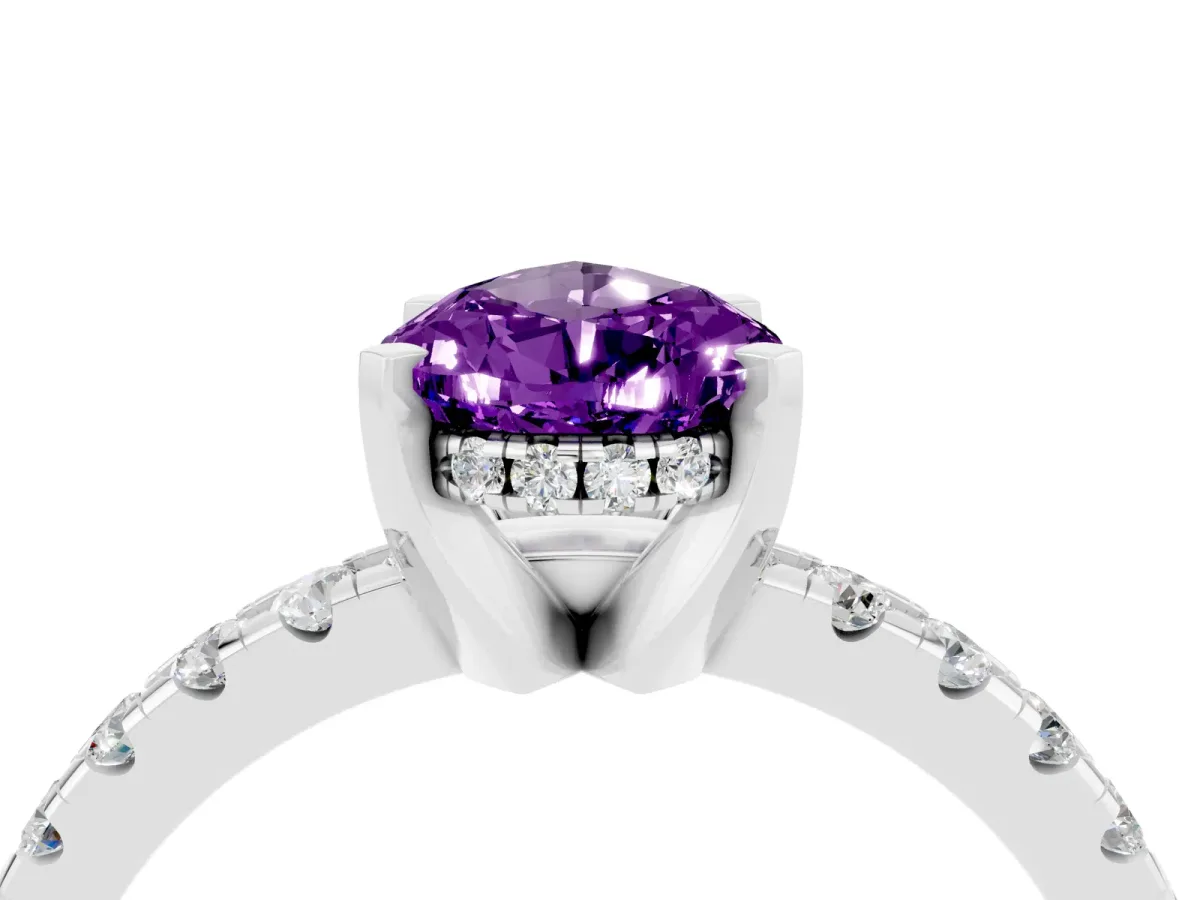 Pear Cut Amethyst Solitaire Ring with Round Pavé Band and Four-Prong Setting Silver