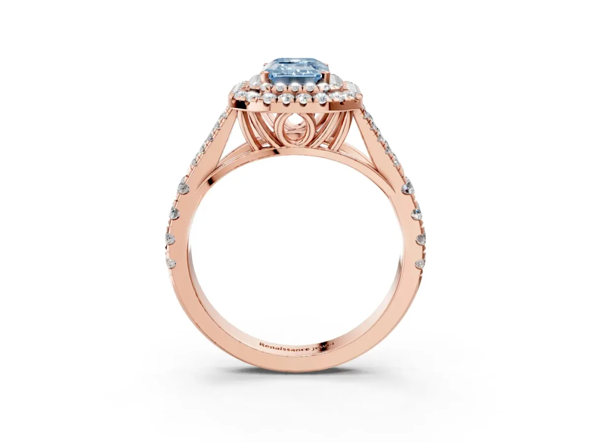 Fancy Blue Emerald Cut Diamond Double Halo Ring with Split Shank and Prong Setting Rose gold