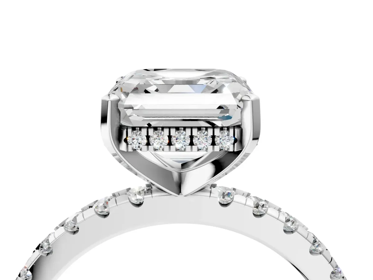Asscher Cut Diamond Solitaire Ring with Round Pavé Band and Four-Prong Setting Silver