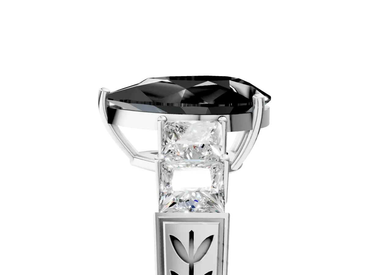 Fancy Black Pear Cut Solitaire Princess Side Stone Engraved Band Prong Setting Ring Platinum