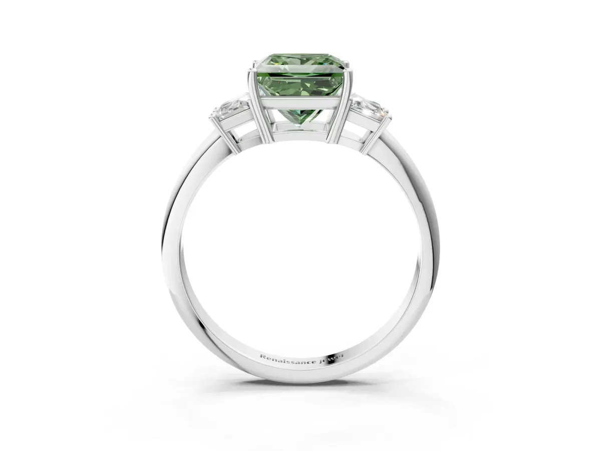 Fancy Green Princess Cut Diamond Three-Stone Ring with Trapezoid Side Stones and Prong Setting Silver