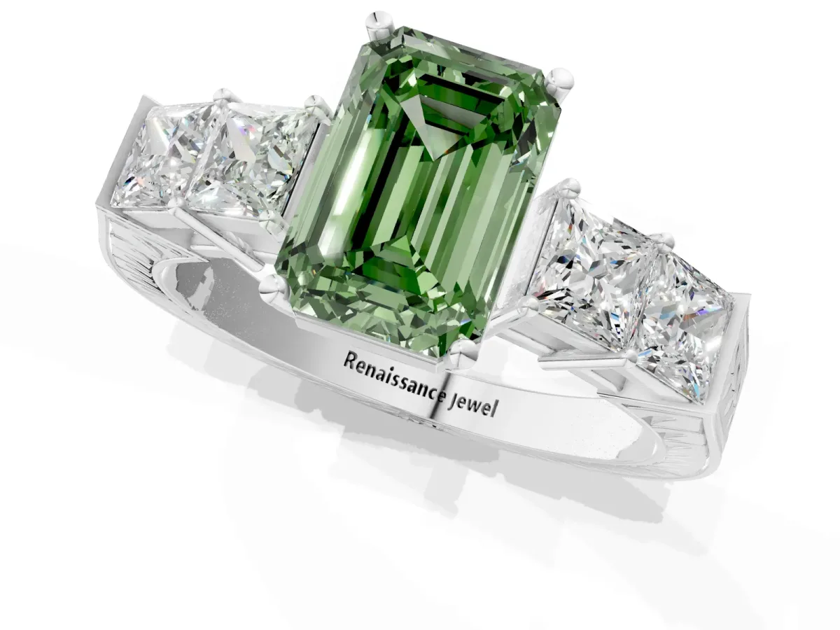 Fancy Green Emerald Cut Solitaire Princess Side Stone Engraved Band Prong Setting Ring Platinum