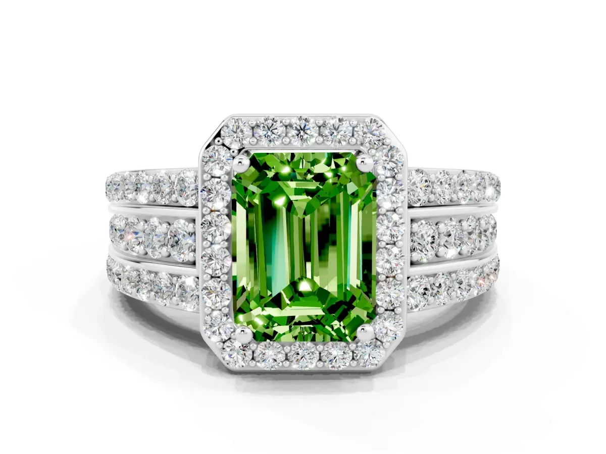 Emerald Cut Halo Peridot Ring with Round Split Shank and Prong Setting Silver