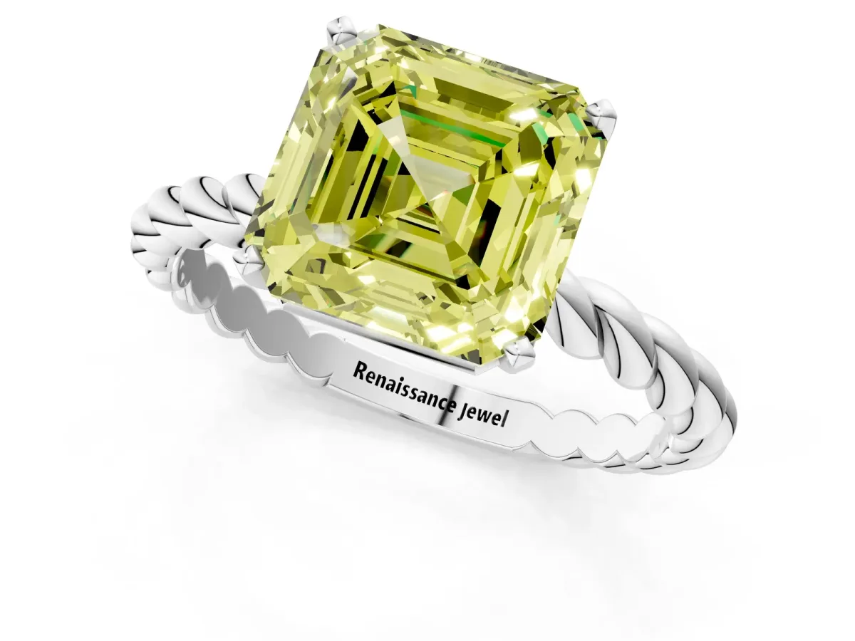 Fancy Yellow Asscher Cut Cut Solitaire Twisted Band with Four-Prong Setting Platinum