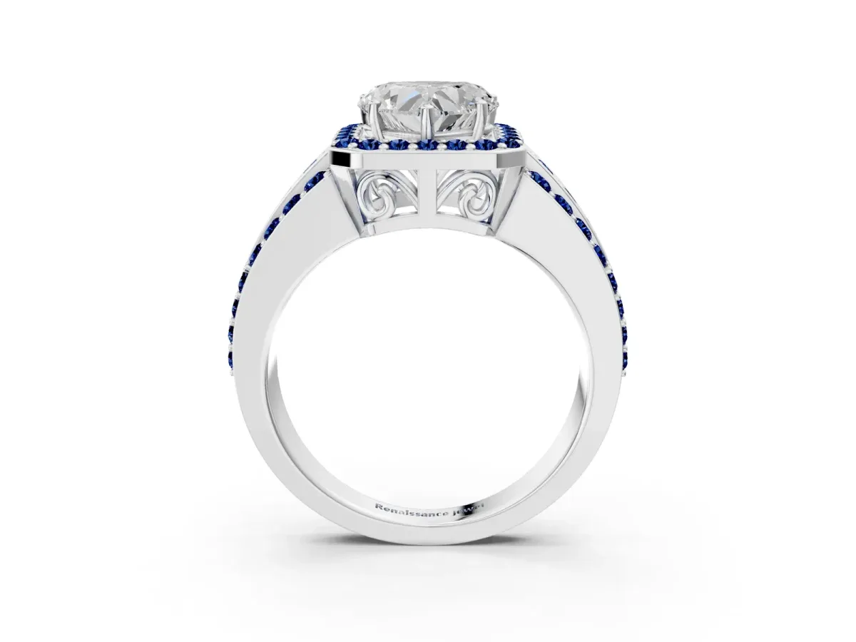 Heart Cut Halo Diamond Ring with Round Blue Sapphire Split Shank and Prong Setting Silver