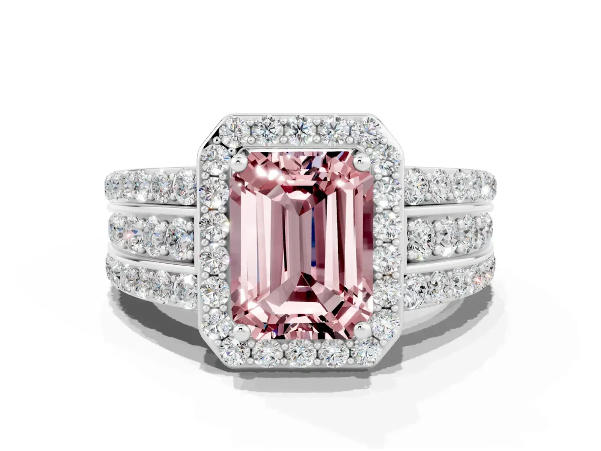 Emerald Cut Halo Morganite Ring with Round Split Shank and Prong Setting Platinum