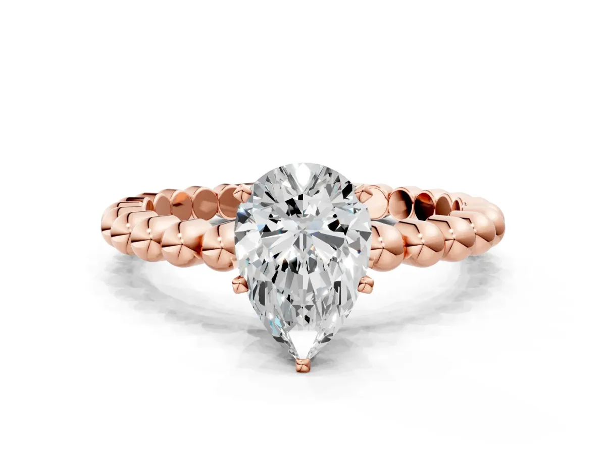 Pear Cut Diamond Solitaire Ring with Beaded Band and Prong Setting Rose gold