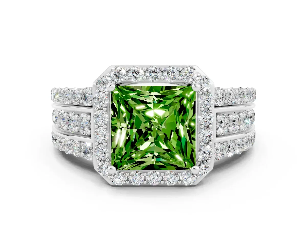 Princess Cut Halo Peridot Ring with Round Split Shank and Prong Setting Silver