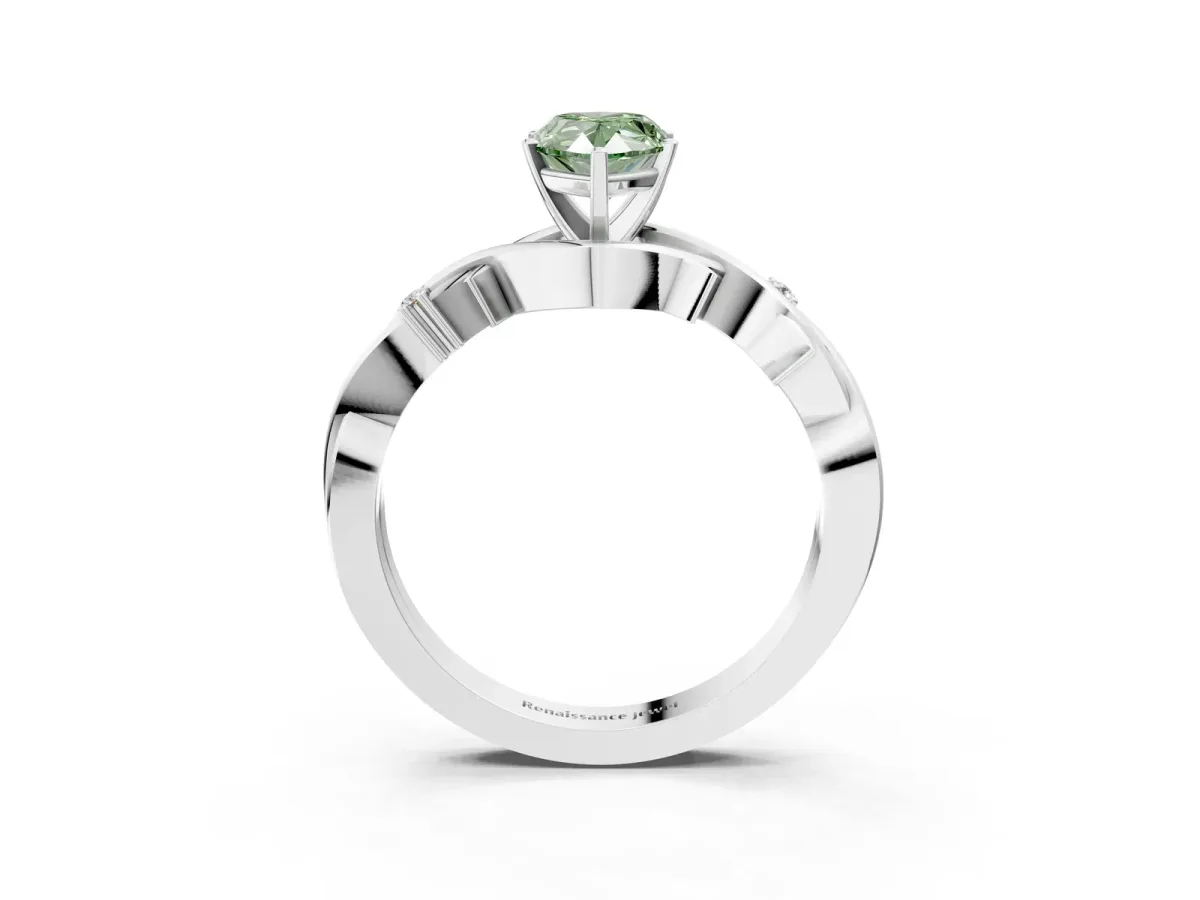 Fancy Green Pear Cut Diamond Solitaire Ring with Twisted Band and Prong Setting Silver