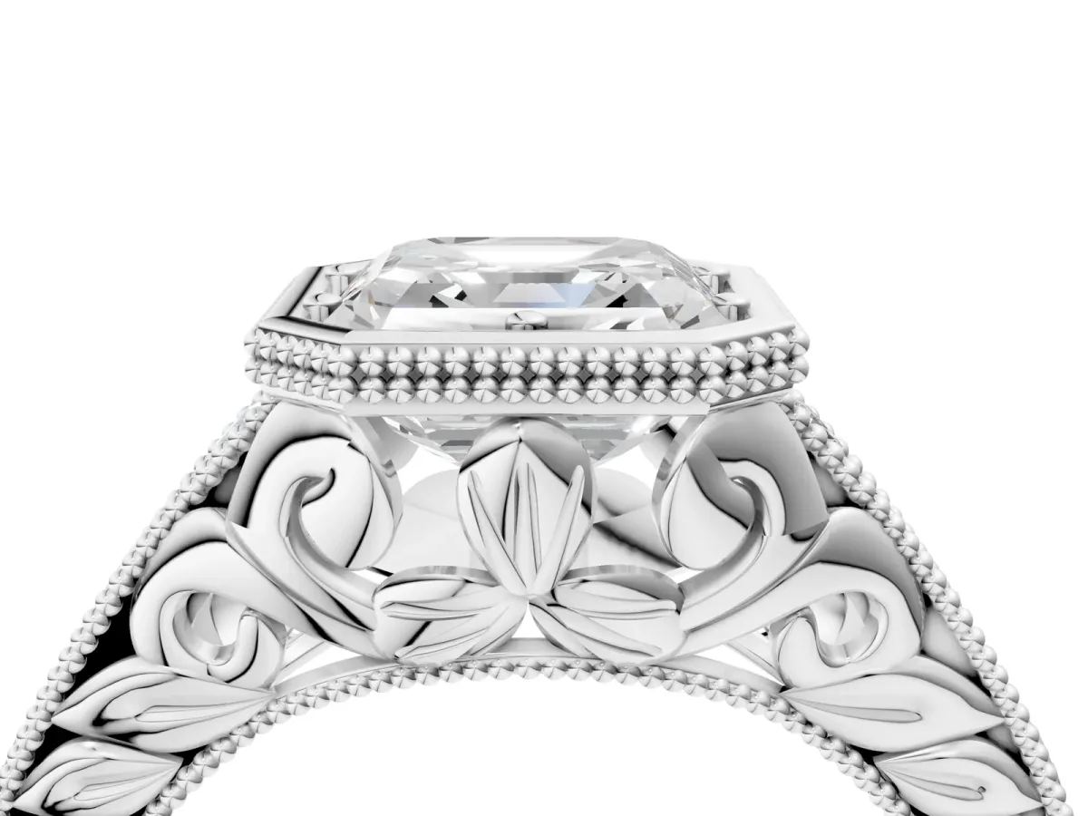 Bezel Set Asscher Cut Diamond Milgrain Pave Engagement Ring Platinum