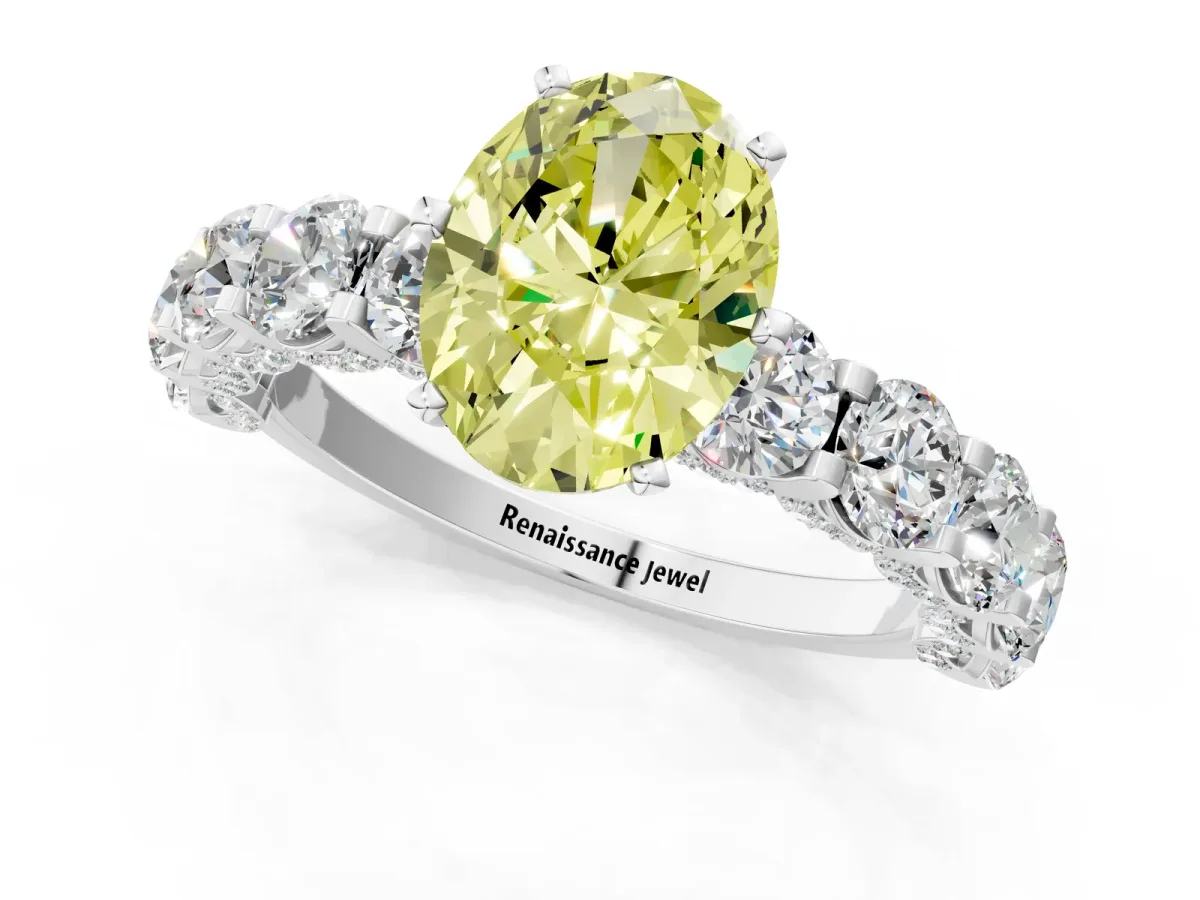 Fancy Yellow Oval Cut Diamond Side Stone Engagement Ring with Four-Prong Setting White gold