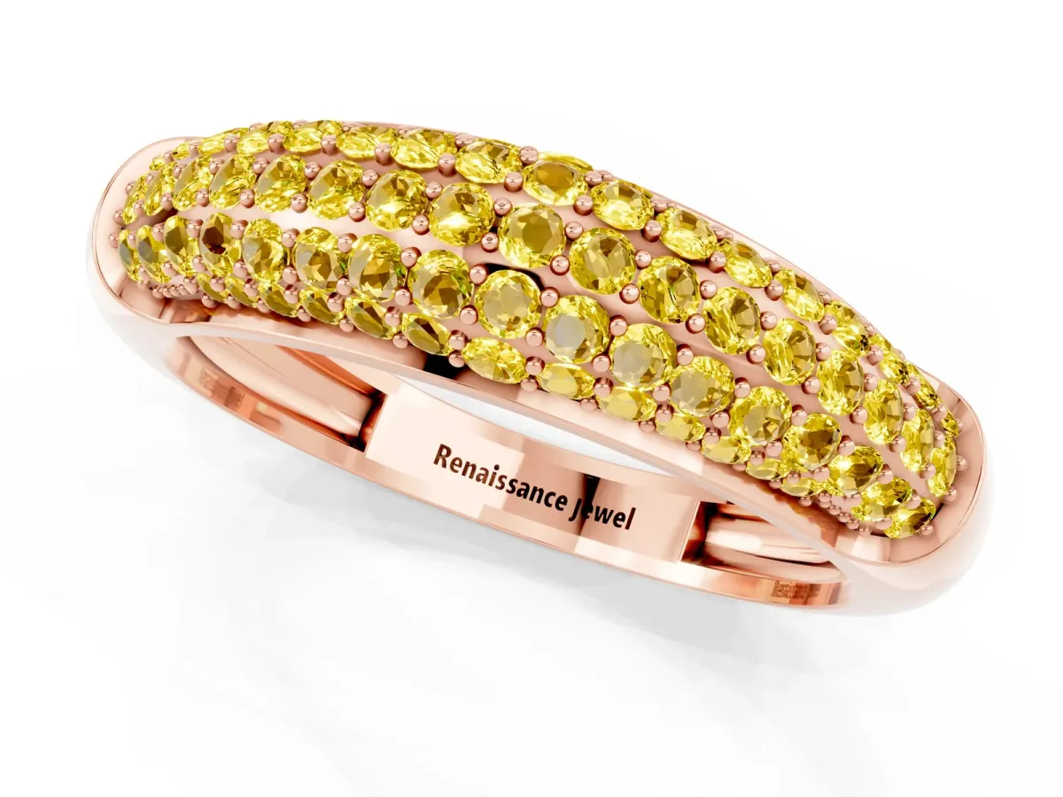 Three-Row Pavé Round Yellow Sapphire Dome Band Rose gold