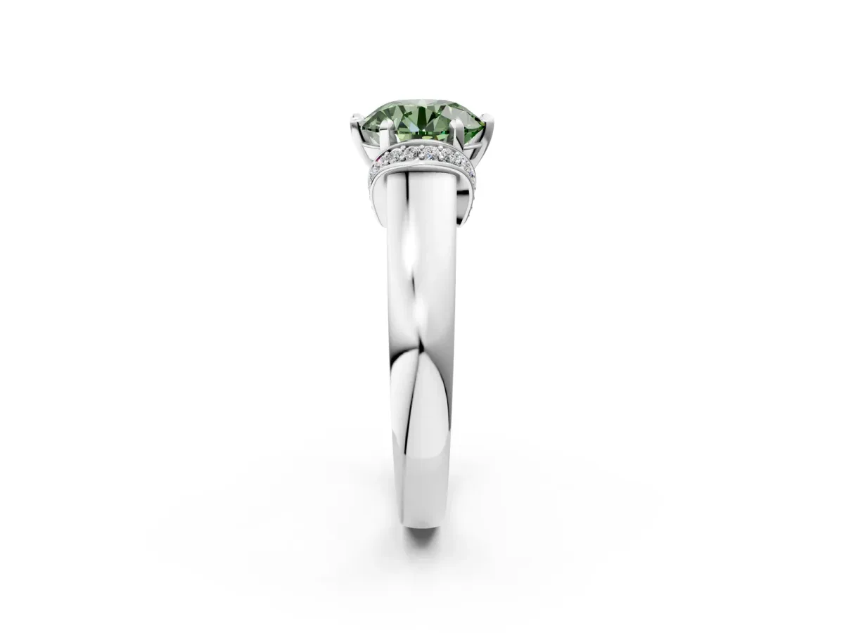 Fancy Green Round Cut Solitaire Diamond Ring with Pave Band and Six-Prong Setting Silver