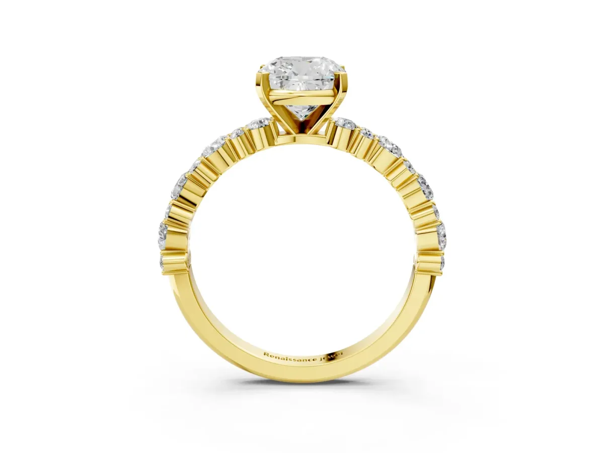 Cushion Cut Diamond Side Stone Solitaire Ring with Round and Four-Prong Setting Yellow gold