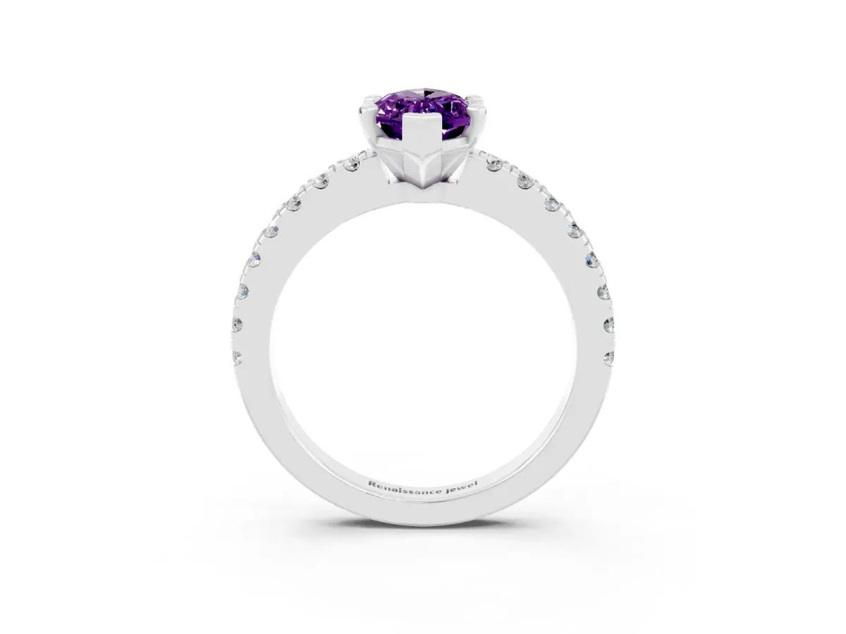 Marquise Cut Solitaire Amethyst with Pavé Band and Four-Prong Setting Silver