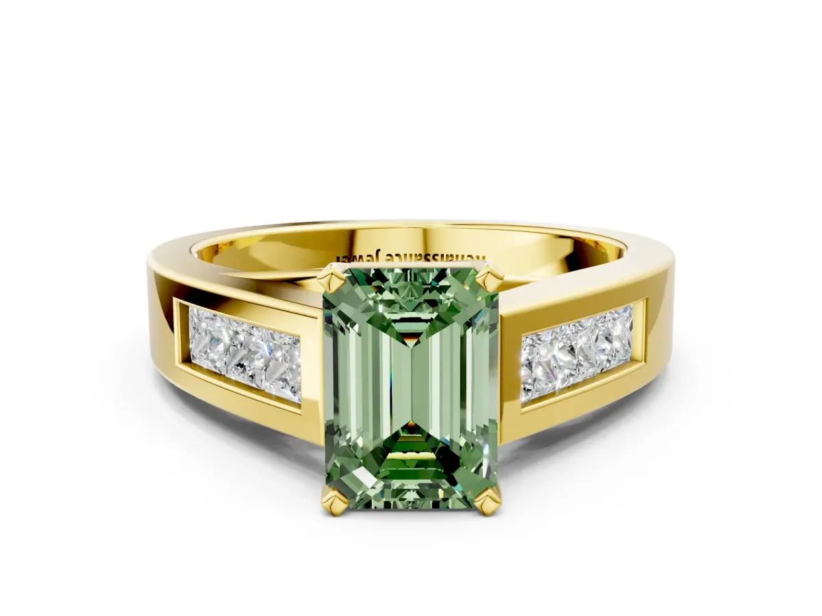 Fancy Green Emerald Cut Cut Channel Set Solitaire Ring with Four-Prong Setting Yellow gold