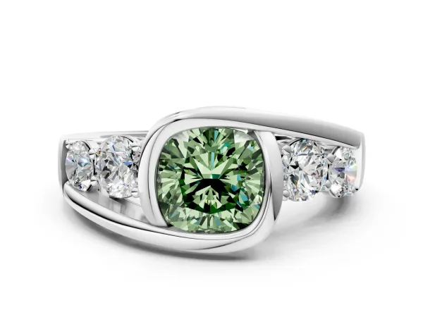 Fancy Green Bezel Set Cushion Cut Diamond Bypass Ring with Round Accents Platinum