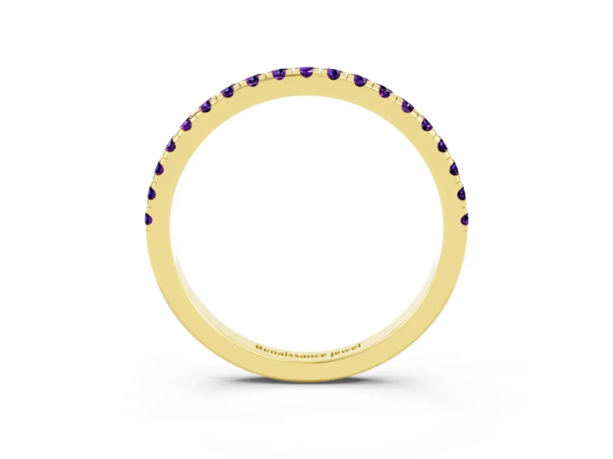 Pavé Round Amethyst Half Eternity Band with Shared Prong Setting Yellow gold