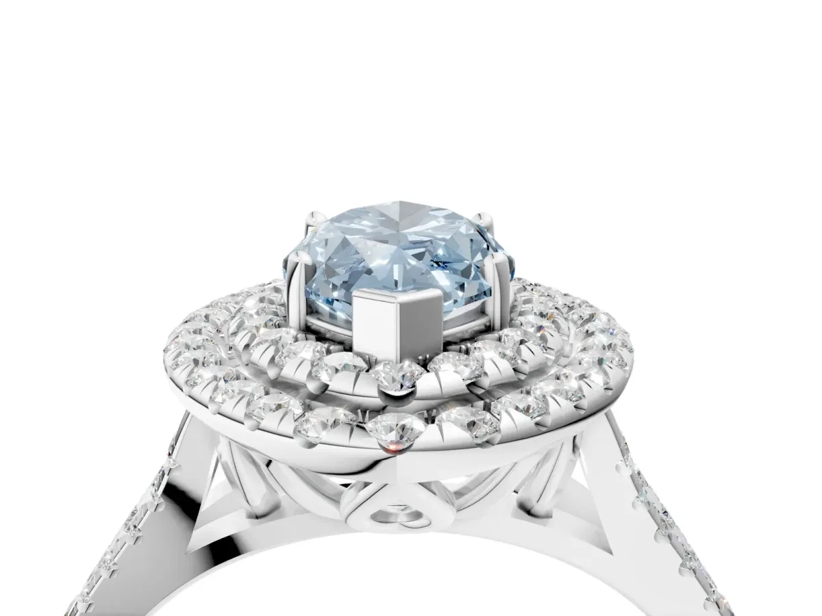 Fancy Blue Double Halo Marquise Cut Diamond Pavé Split Shank Ring with Prong Setting Silver