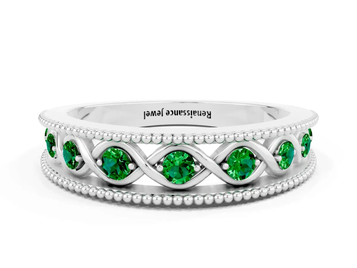 Round Emerald Twist Milgrain Band with Bezel Setting White gold