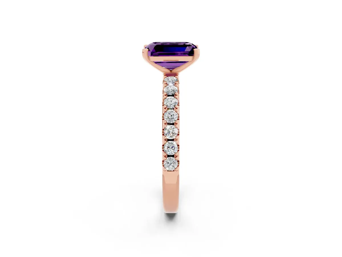 Emerald Cut Amethyst Solitaire Pavé Band with Four-Prong Setting Rose gold