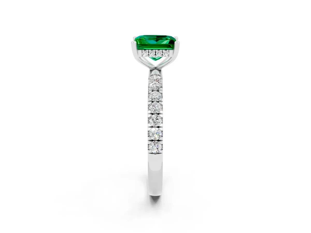 Princess Cut Emerald Pave Band Solitaire Ring with Round and Prong Setting Platinum