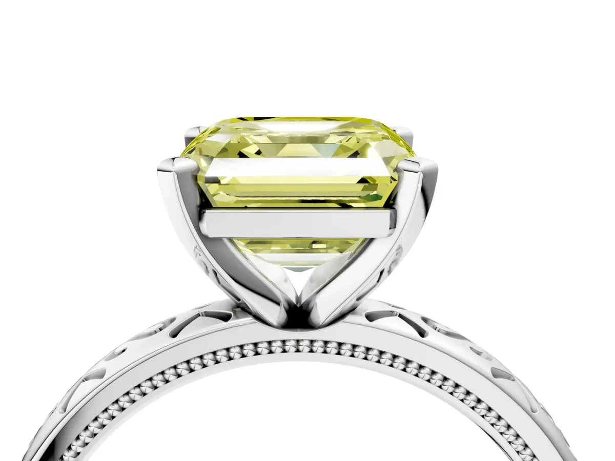 Fancy Yellow Asscher Cut Solitaire Engagement Ring with Scrollwork Band and Four-Prong Setting Platinum