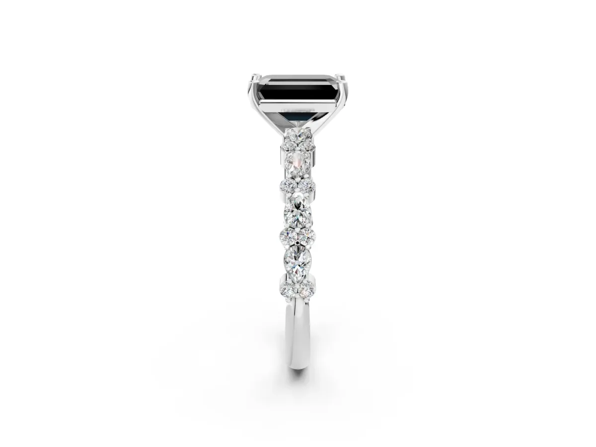 Fancy Black Emerald Cut Diamond Side Stone Solitaire Ring with Round and Four-Prong Setting Platinum