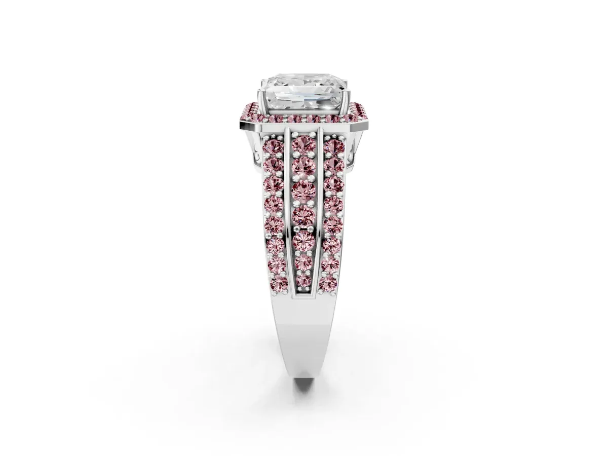 Princess Cut Halo Diamond Ring with Round Morganite Split Shank and Prong Setting Silver