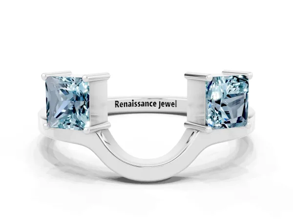 Princess Cut Aquamarine Two-Stone Open Band Ring with Four-Prong Setting Platinum