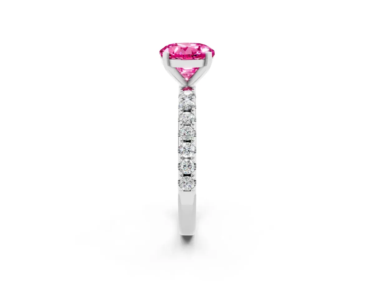 Round Cut Pink Sapphire Solitaire Pavé Band with Four-Prong Setting Silver